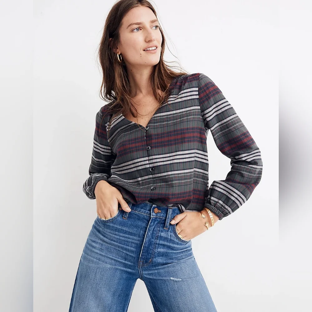Madewell V-Neck Button-Down Shirt in Pineview Plaid - Picture 1 of 13